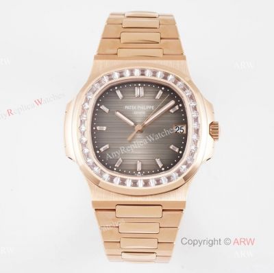 (PPF) V4 Version - Swiss Replica Rose Gold Patek Philippe Nautilus Diamond Watches With Gray Dial